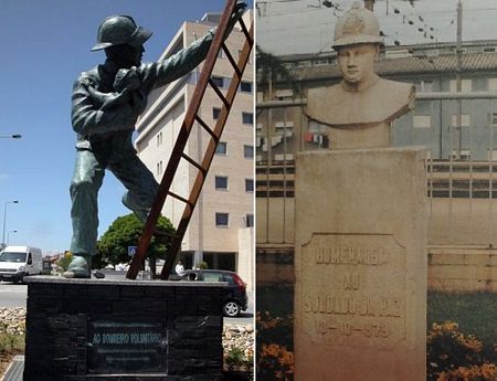 Monumento ao Bombeiro Voluntário (Fonte: Arquivo A Voz de Ermesinde – à direita); Monumento ao Soldado da Paz (Fonte: Bombeiros Voluntários de Ermesinde 1921-1996 – Bodas de Diamante – à esquerda)