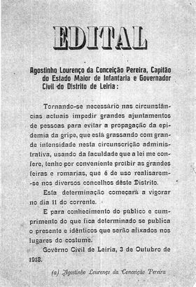 Edital do Governador Civil do distrito de Leiria de 3 de outubro de 1918 proibindo grandes feiras e romarias para impedir ajuntamentos