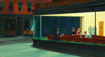 Nighthawks / Criador: Edward Hopper (American, 1882-1967) / Data de Criao: 1942 / Dimenses fsicas: 84.1  152.4 cm (33 1/8  60 in.) / The Art Institute of Chicago, Friends of American Art Collection, 1942.51