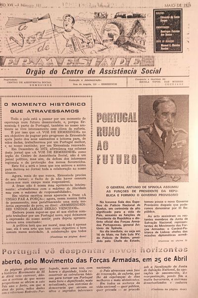 PRIMEIRA PGINA D' A VOZ DE ERMESINDE, MAIO DE 1974